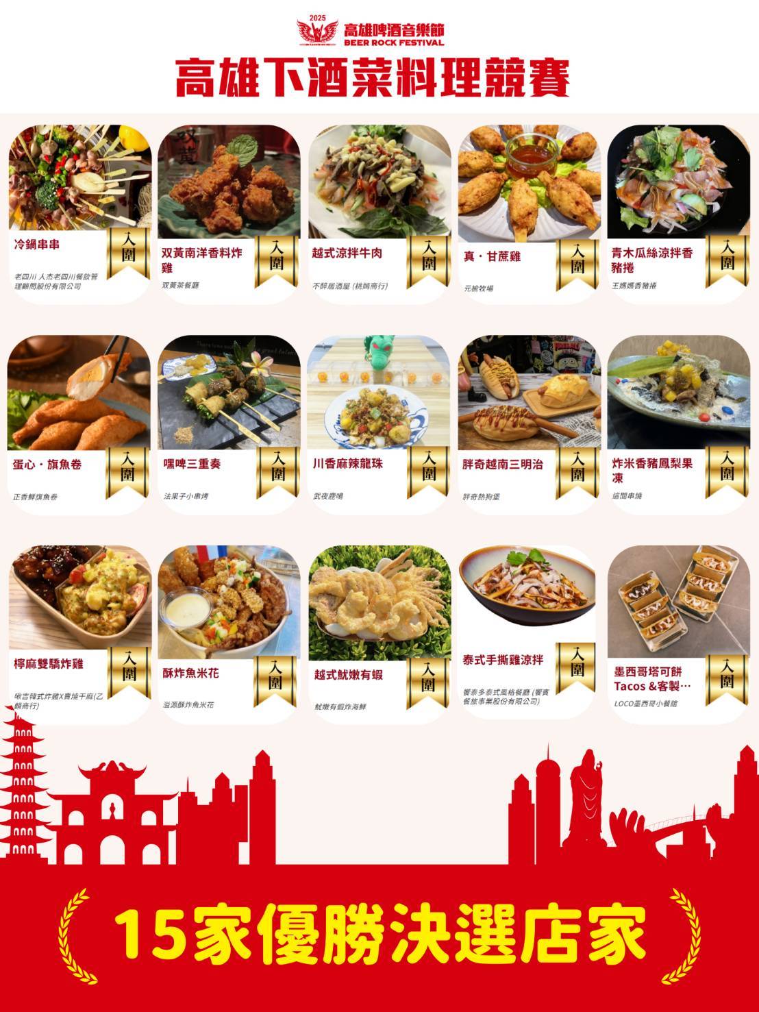 「2025高雄下酒菜料理競賽」嚴選出15家高雄在地店家進入高雄啤酒音樂節大會食堂開賣。（圖片提供：高雄市政府）